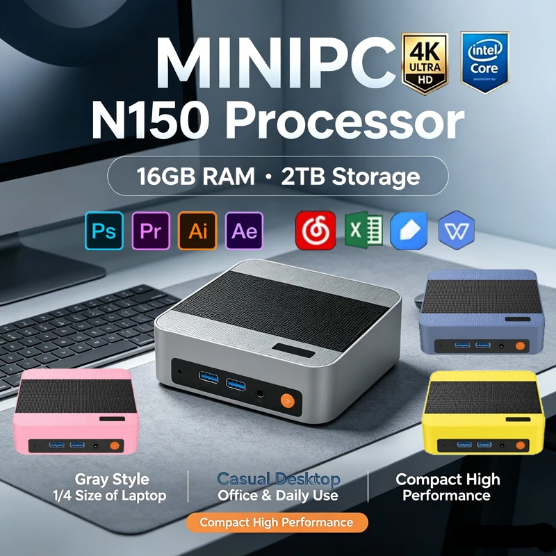 Pc Gaming Editing - 鮮やかなマルチカラーのIntel N150ミニPC、Win11、16GB DDR4、2TB NVMe SSD、WiFi6、BT5.2、4K対応、ホームオフィス、ゲーム、動画コンテンツ編集に最適
