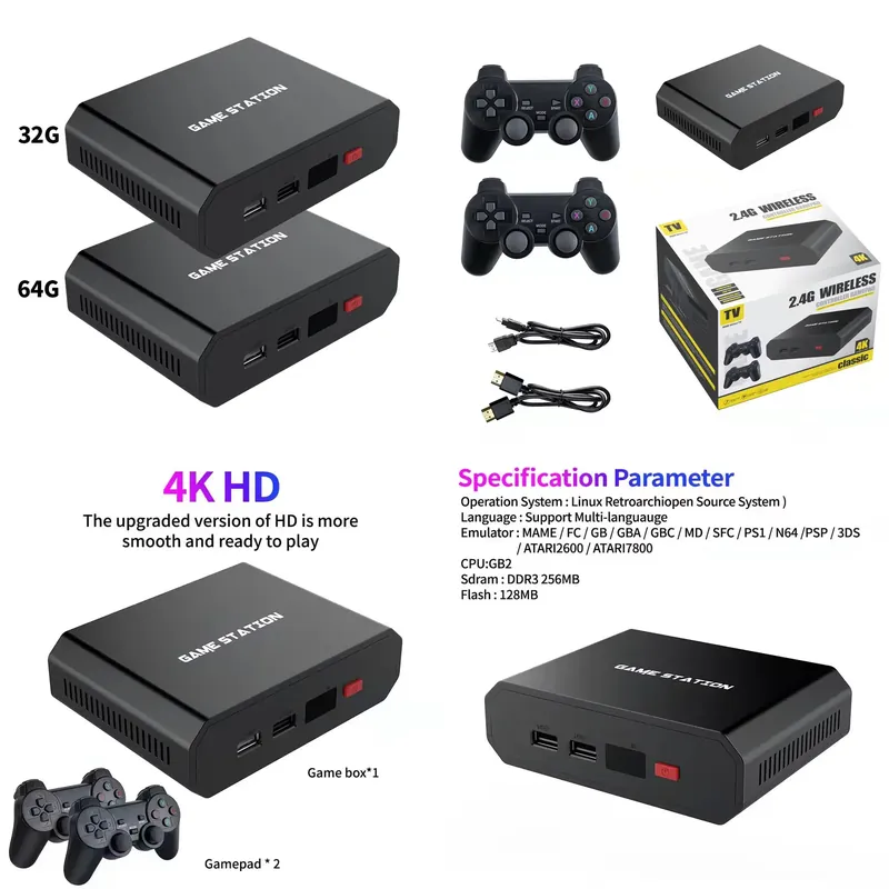 Gaming Controller - M8plus HDビデオゲームコンソールボックス 2.4GデュアルワイヤレスコントローラーゲームパッドTV 32G/64G 10000シミュレーターゲームプレーヤーセットアクセサリー